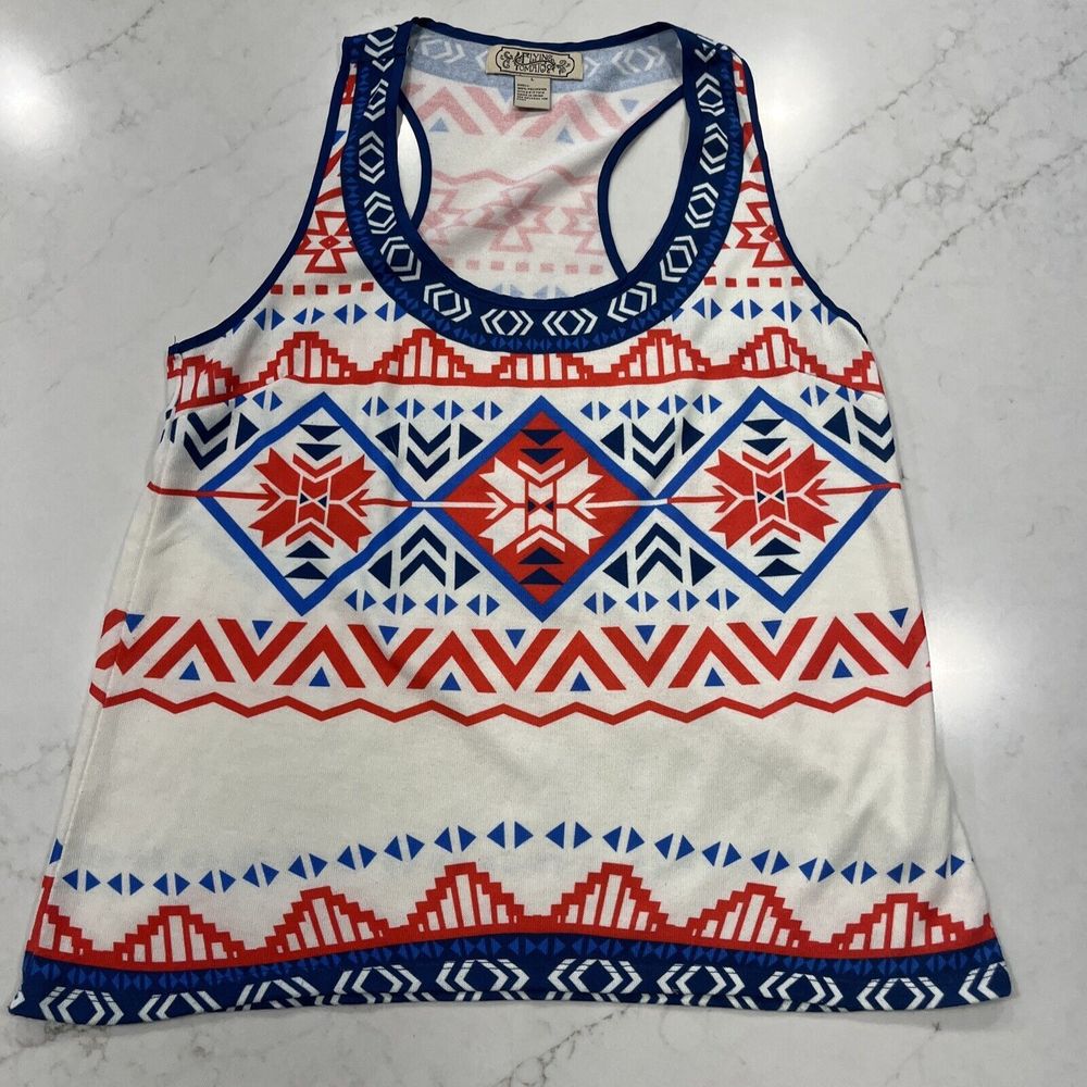 Flying Tomato Tank Top Racerback Boho Aztec‎ Western Print Red Blue Cream Sz L